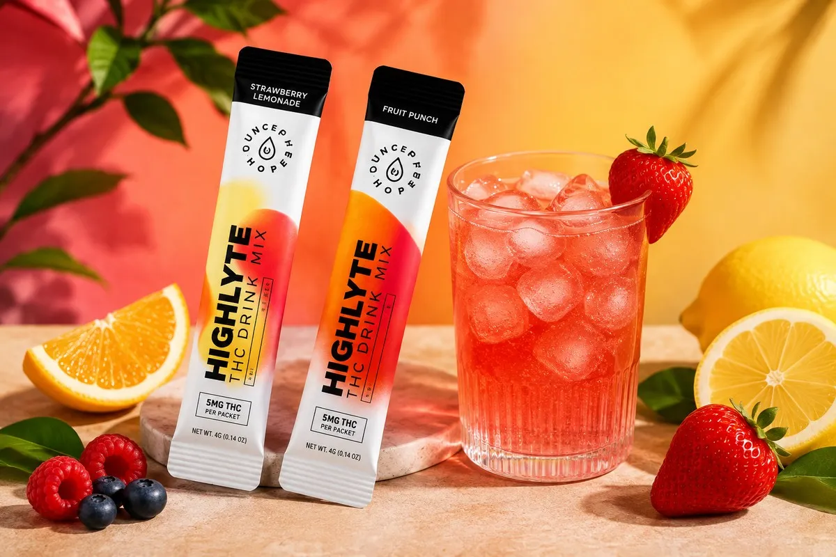 THC drink mix packets with strawberry lemonade drink