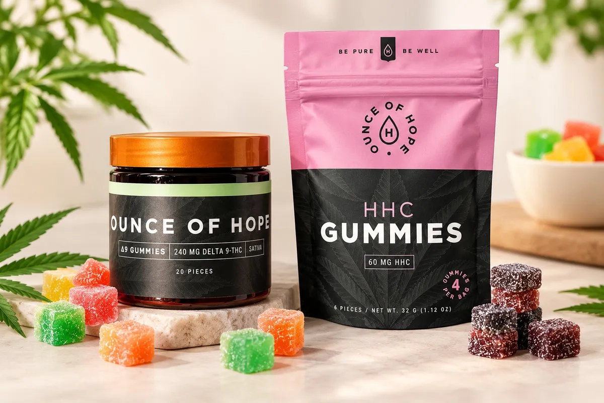 CBD and THC gummies with colorful candies, cannabis leaves
