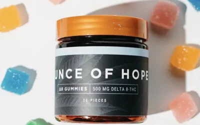Jar of Delta-8 THC gummies with colorful candies