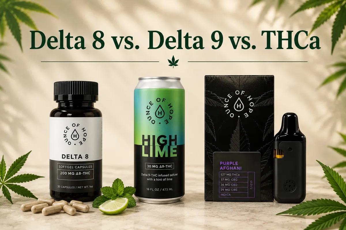 Delta 8 softgels, Delta 9 drink, and THCa vape