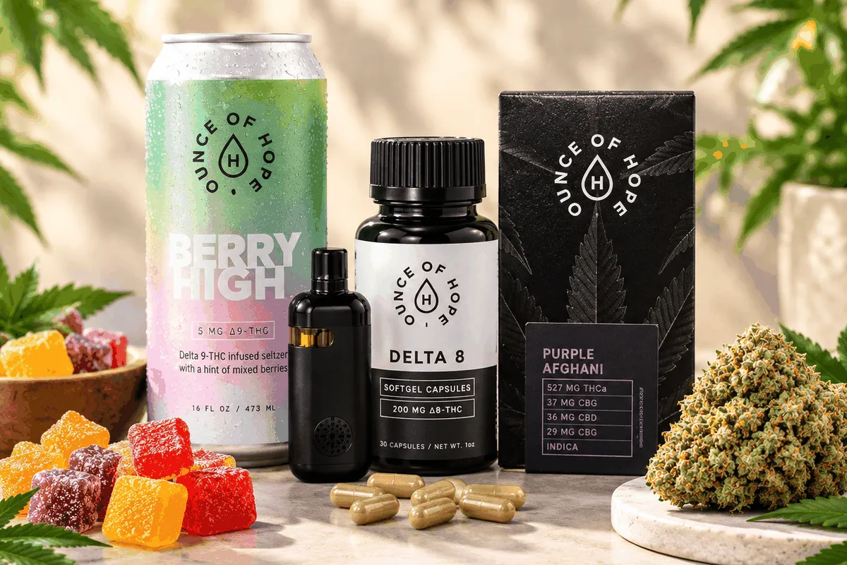 Delta 9 THC seltzer, THCa flower, and cannabis products display