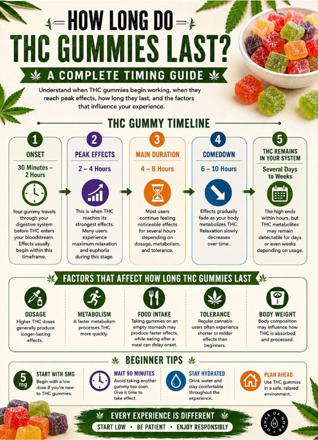 THC gummies timing guide infographic for beginners