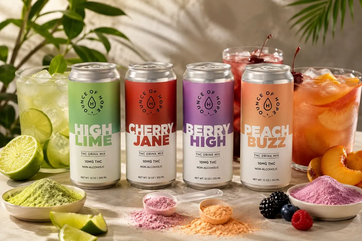 THC drink mix cans with colorful fruit beverages