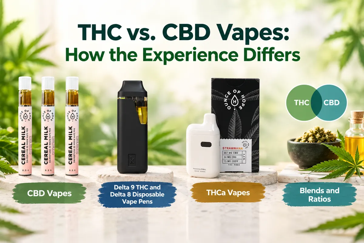 THC, CBD and THCa vape products shown for easy comparison
