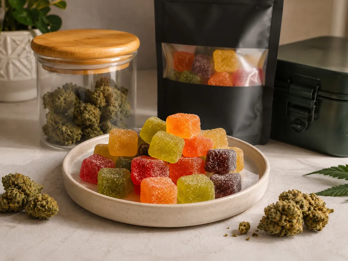 Do THC Gummies Expire? How to Know if THC Gummies Went Bad THC gummies with cannabis buds on a tabletop shelf