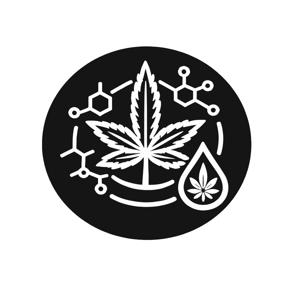 Cannabis leaf with chemical structures and oil drop