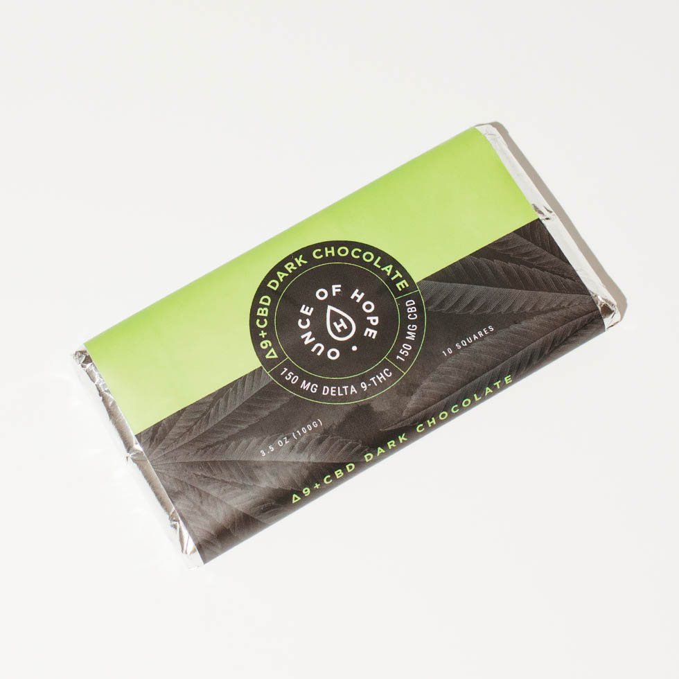 Green and black CBD dark chocolate bar wrapper