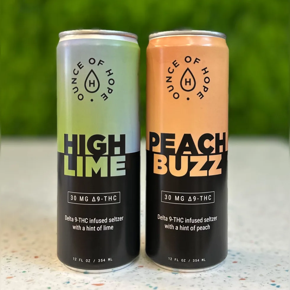 Ounce of Hope 30mg Delta 9 THC seltzers, High Lime and Peach Buzz