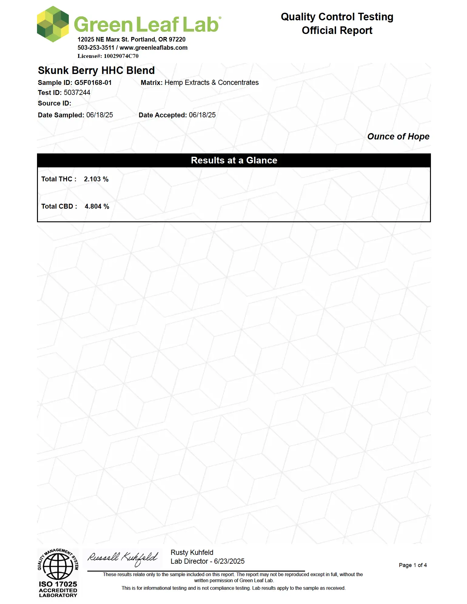 Skunkberry vape cartridge lab report